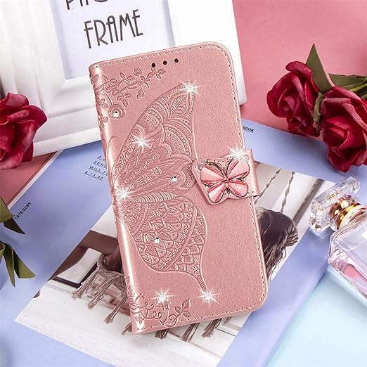 EnZo for Huawei Mate 60 Pro Wallet Case for Women Girls, Shiny Butterfly Flower PU Leather Cover with Card Slot Holder Flip Phone Case for Huawei Mate 60 Pro
