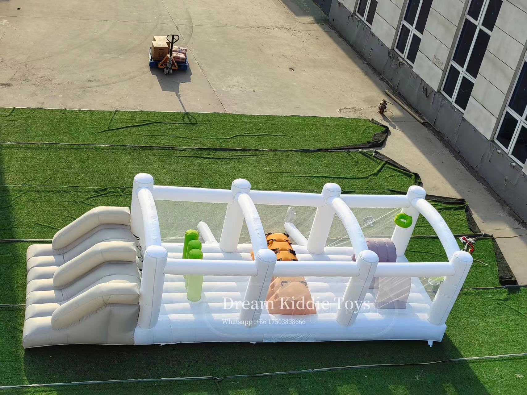 White Obstacle Course Bounce House Outdoor Games Challenge Pastel bouncer bouncy Castle combo slide and obstacle