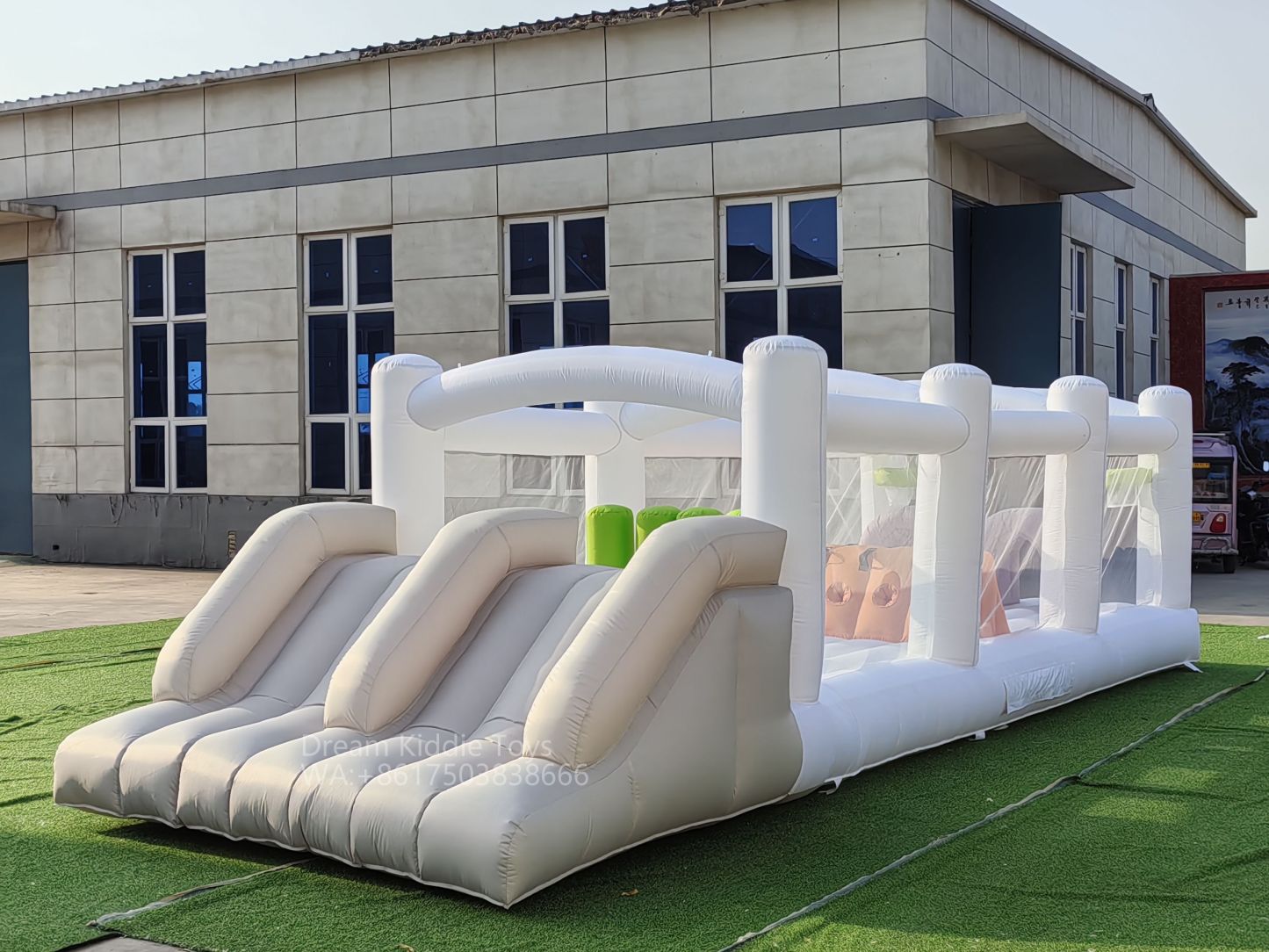 White Obstacle Course Bounce House Outdoor Games Challenge Pastel bouncer bouncy Castle combo slide and obstacle
