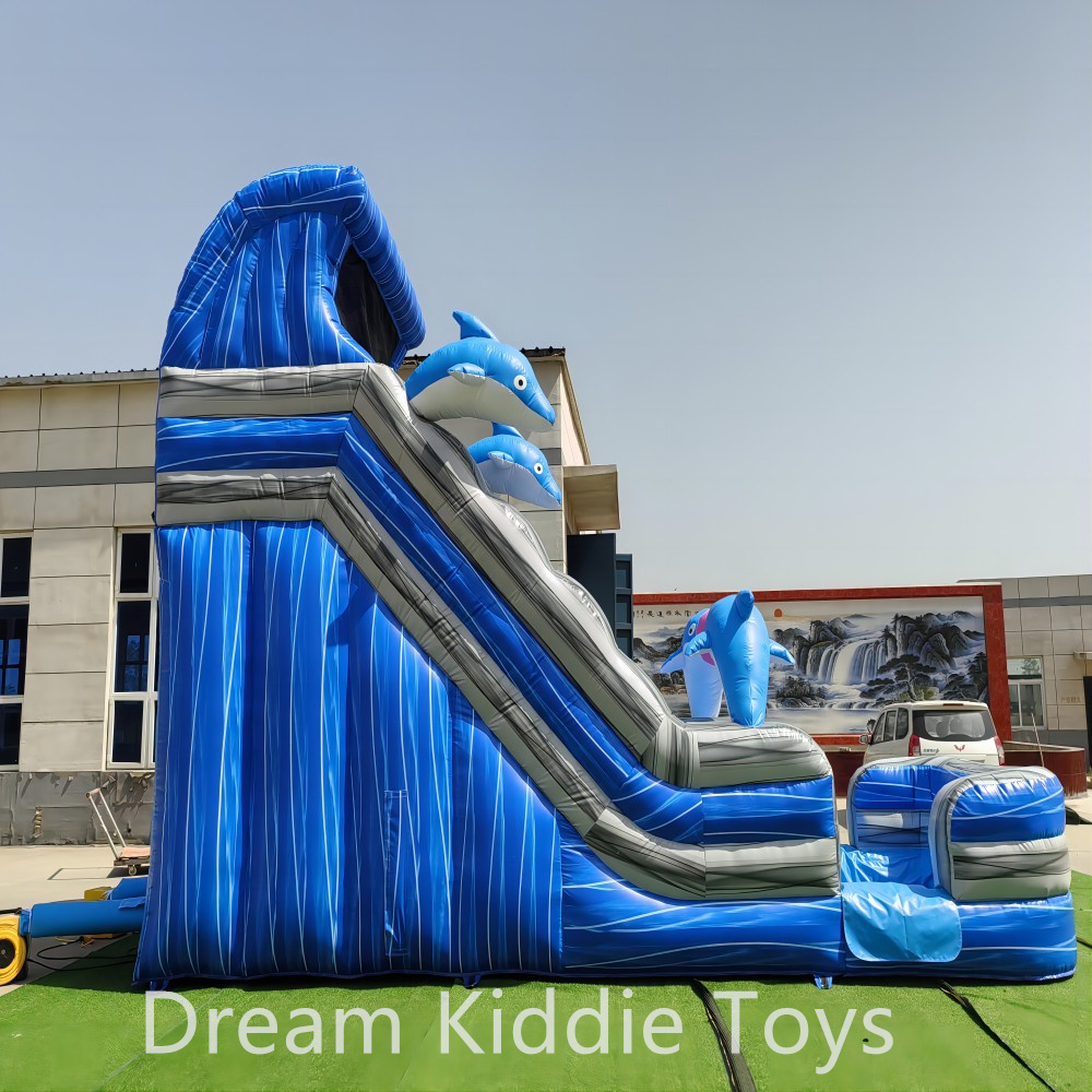 Outdoor Inflatable Dolphin Water Slide Summer Inflatable Slide With Pool For Commercial