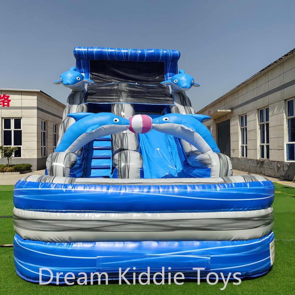 Outdoor Inflatable Dolphin Water Slide Summer Inflatable Slide With Pool For Commercial
