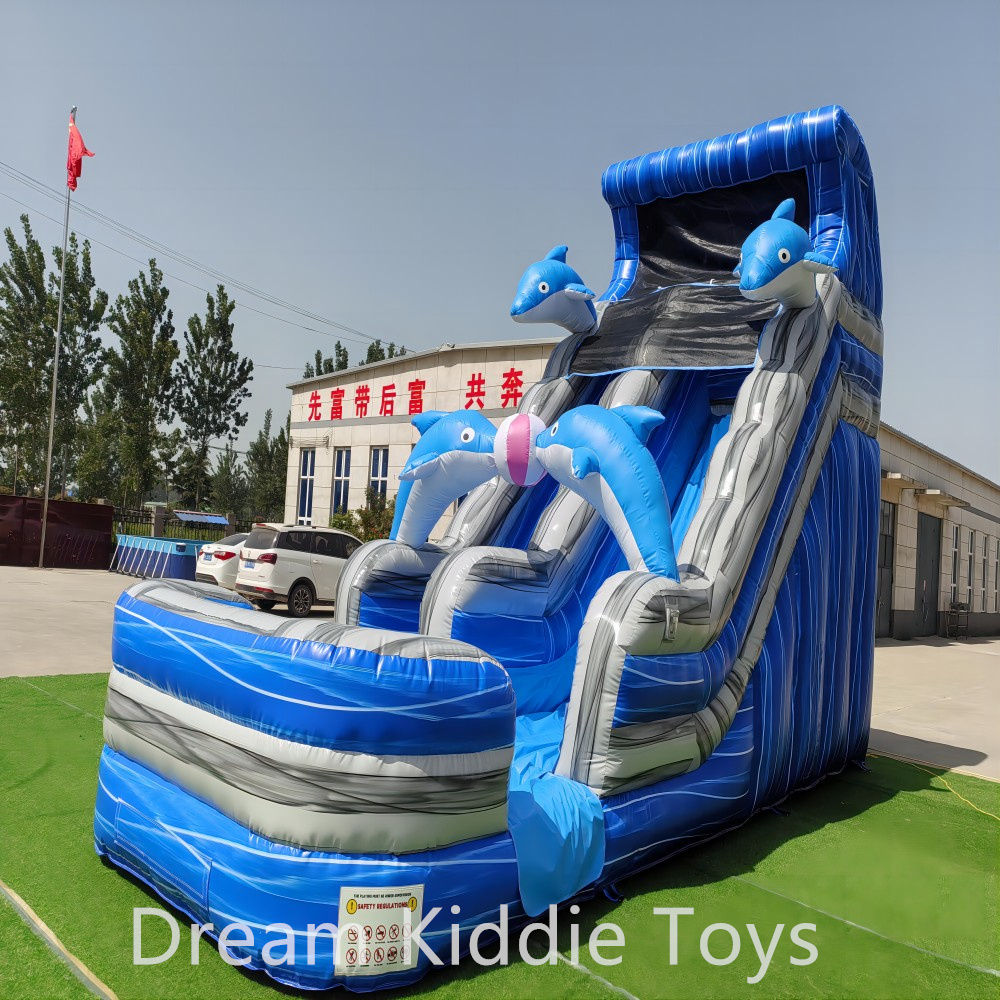 Outdoor Inflatable Dolphin Water Slide Summer Inflatable Slide With Pool For Commercial