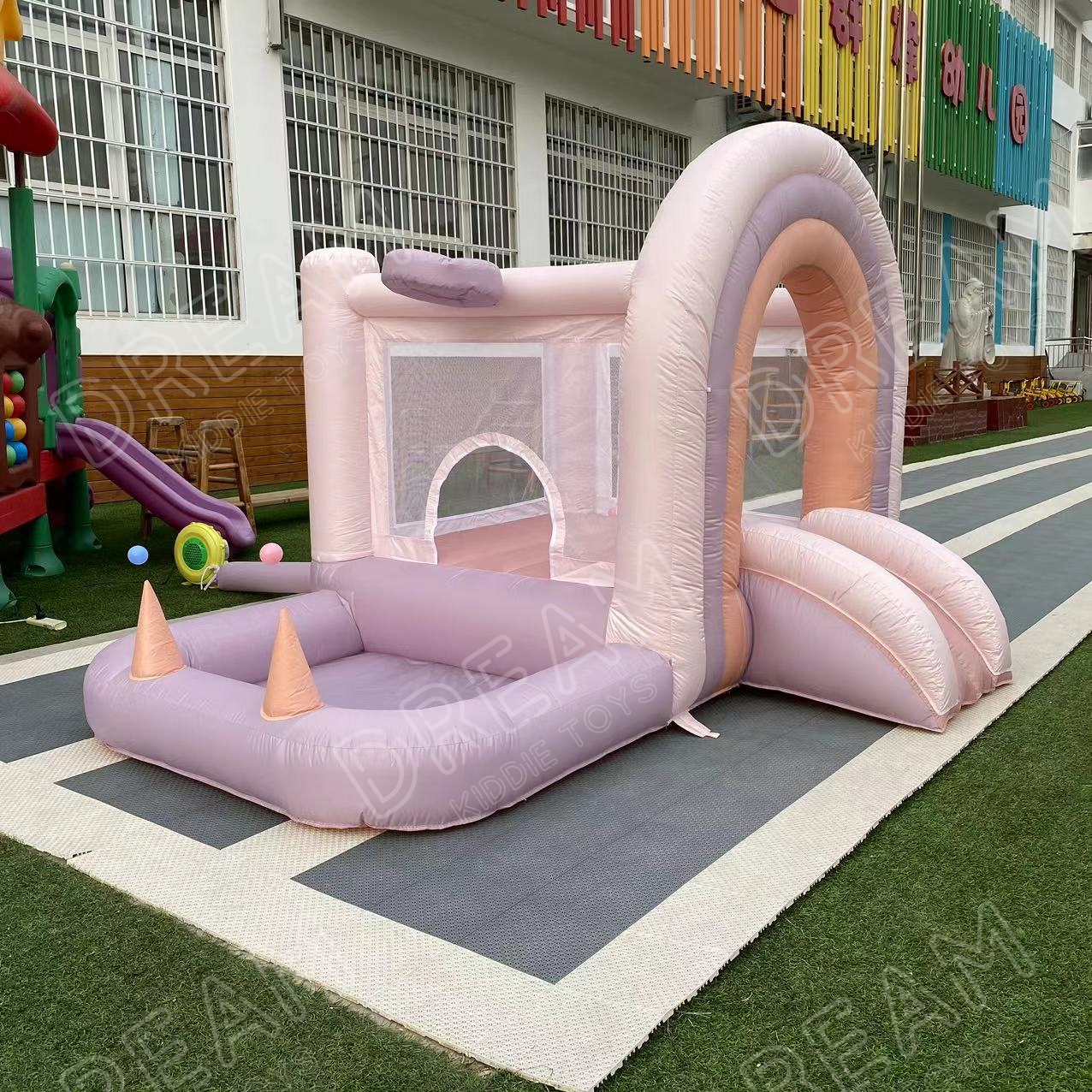 Rainbow bouncy castle toddler oxford cloth fabric inflatable trampoline indoor rainbow bounce house with ball pit