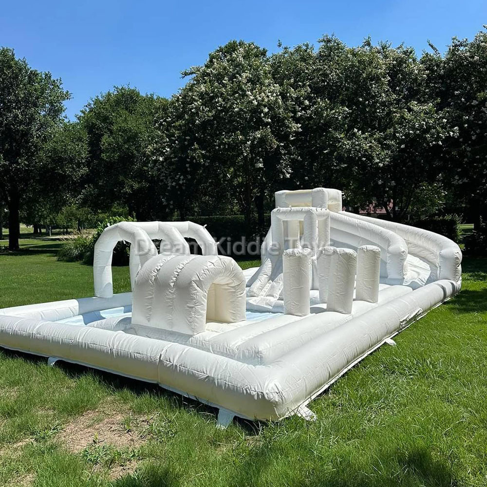 Macaron Light Blue splash pad splash pool water park slide combo water obstacle course kids inflatable playground with blower