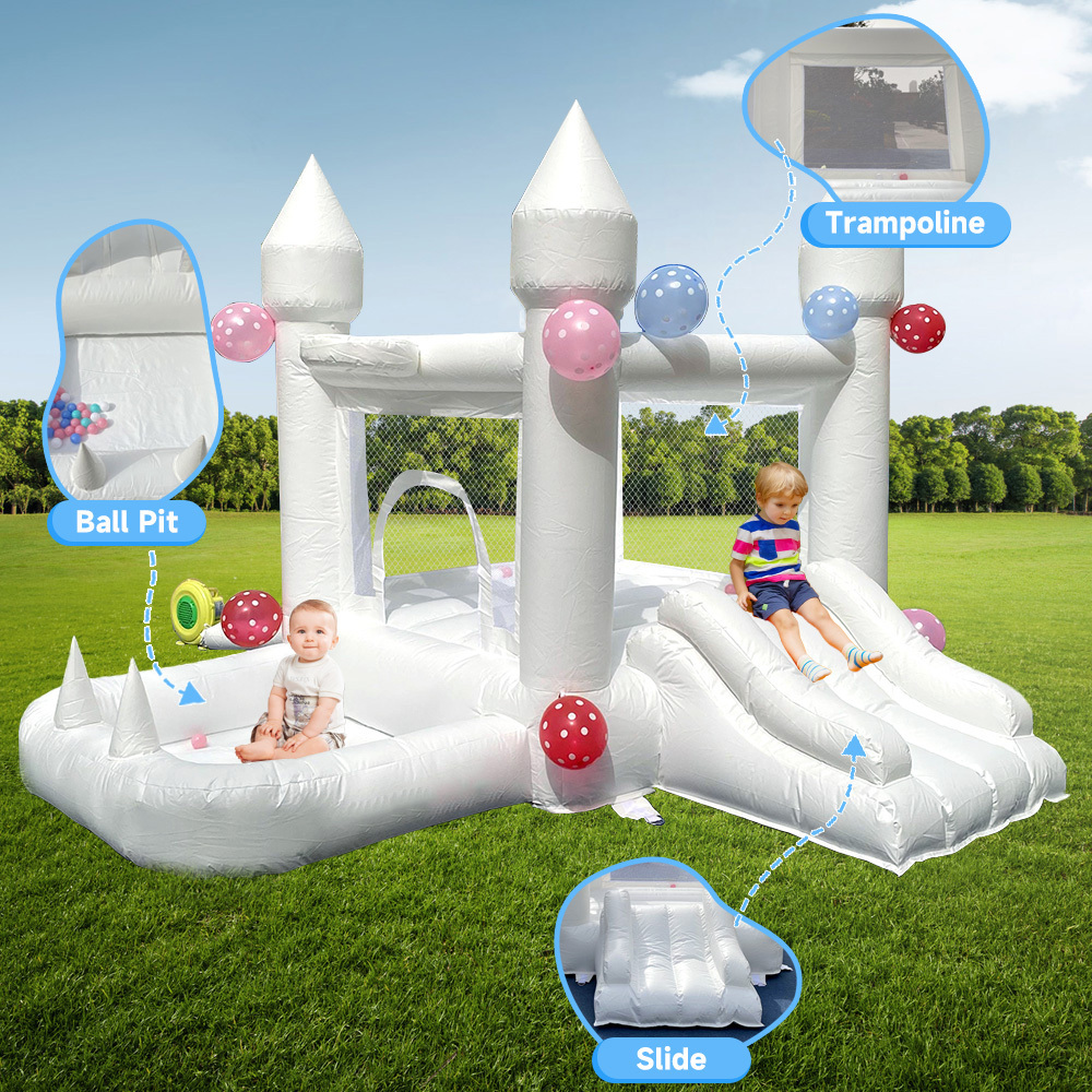 White Inflatable Castle Bounce House with Slide & Ball Pit Blower,Easy to Set Up and Take Down,Safe and Fun for Active Kids