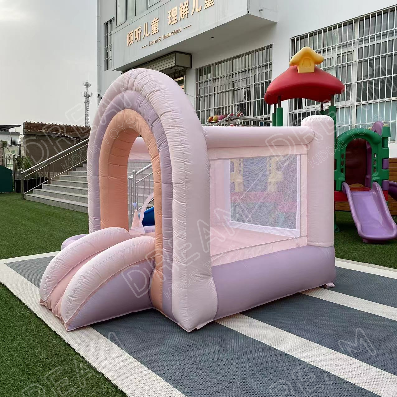 Rainbow bouncy castle toddler oxford cloth fabric inflatable trampoline indoor rainbow bounce house with ball pit