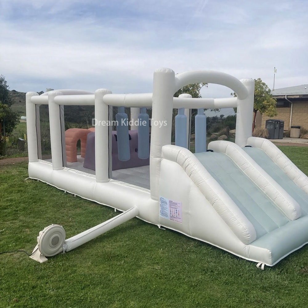 White Obstacle Course Bounce House Outdoor Game Pastel bouncer bouncy Castle combo slide and obstacle