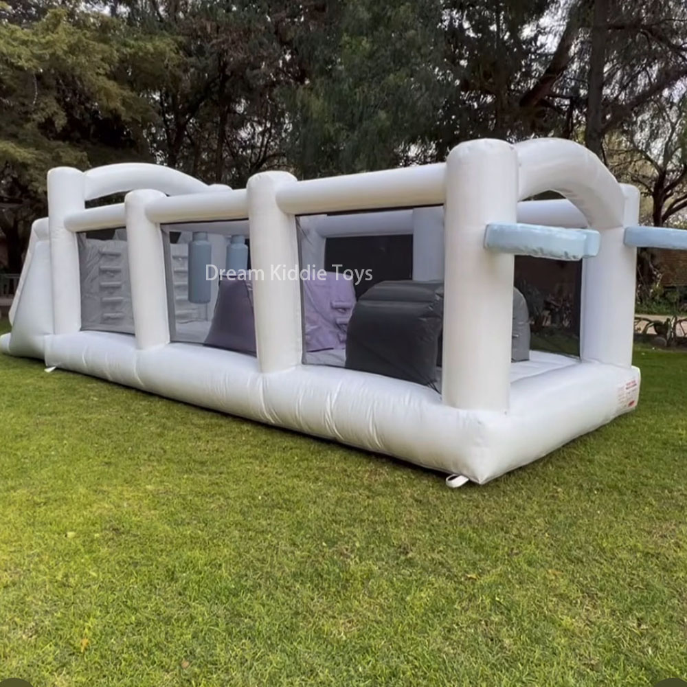 White Obstacle Course Bounce House Outdoor Game Pastel bouncer bouncy Castle combo slide and obstacle