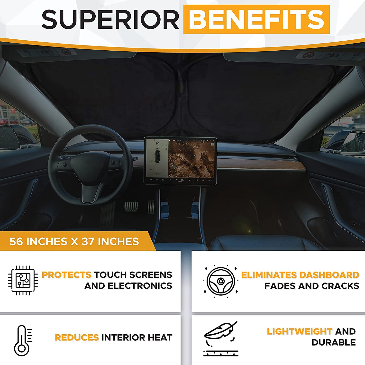 Windshield Sunshade for Tesla Model 3/Y – UV Protection,Foldable Storage-TESGOD