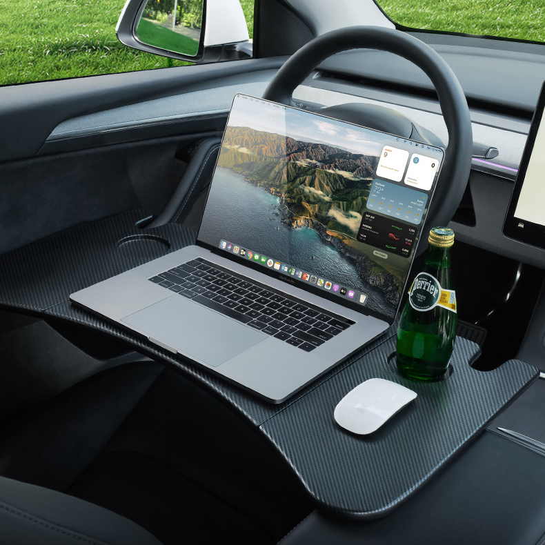 Foldable In-Car Laptop & Dining Table with Carbon Fiber Texture for Tesla Model 3 / Model Y (2021–2025+) 