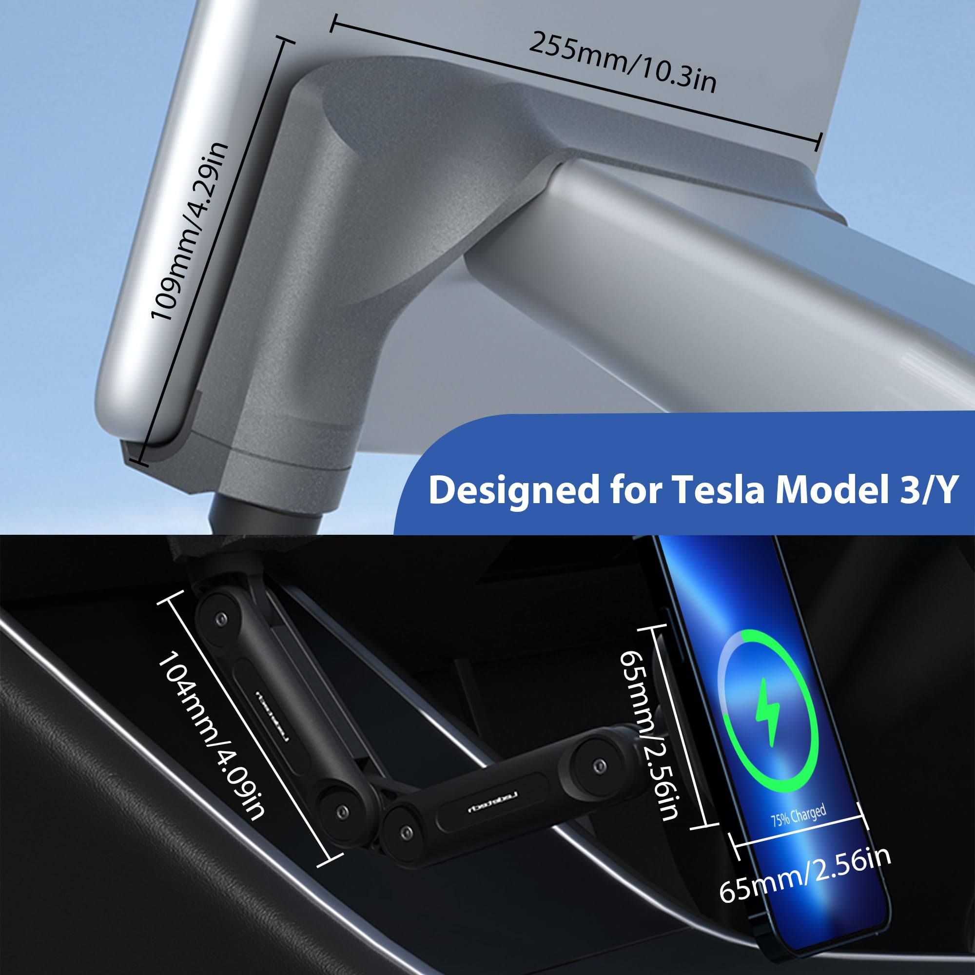 Adjustable Magnetic Wireless Car Charger Holder for Tesla Model 3（2017-2023.10）/ Y（2020-2024）-TESGOD