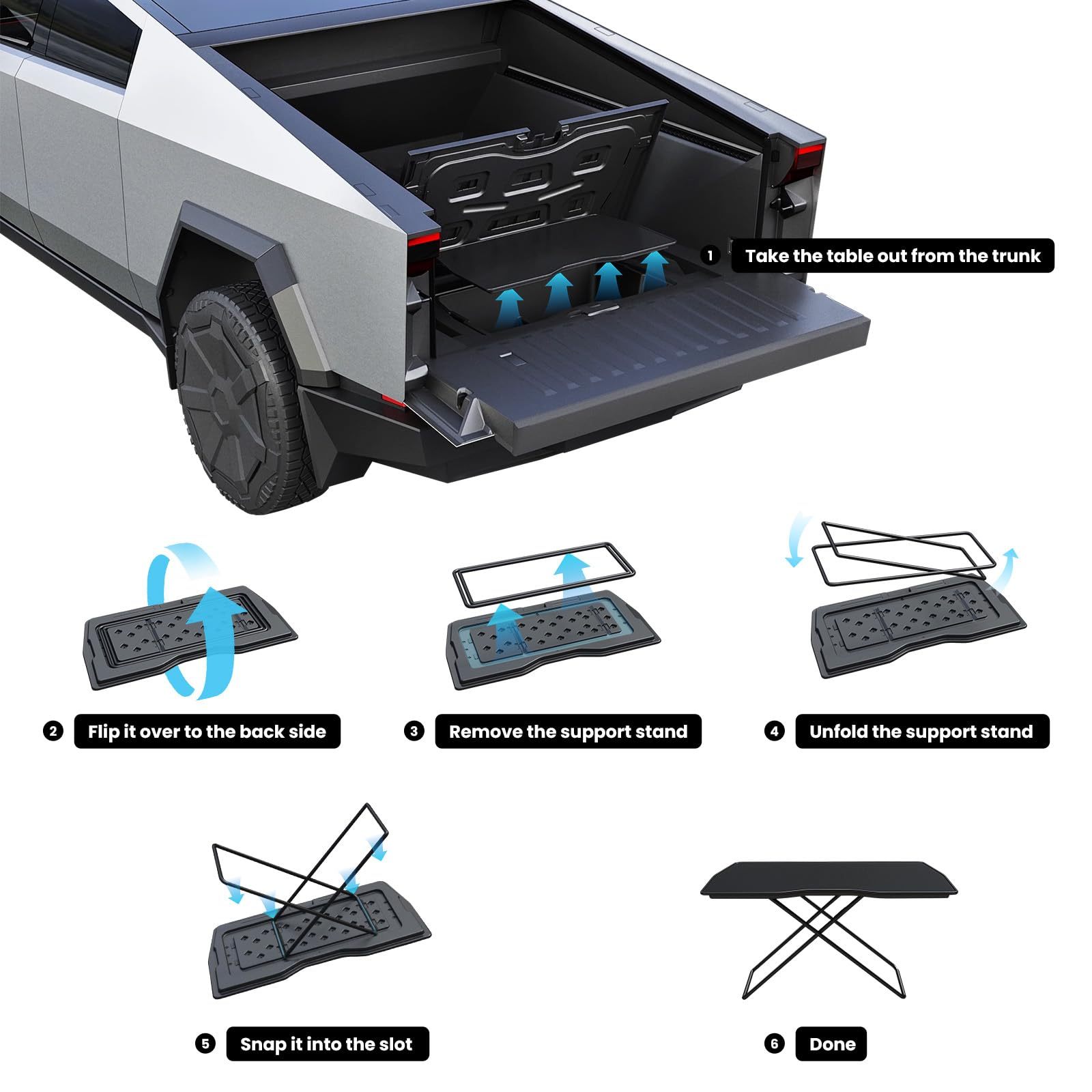 Tesla Cybertruck Rear Trunk Storage Folding Camping Table – Space-Saving Design, High-Quality ABS & Carbon Steel-TESGOD
