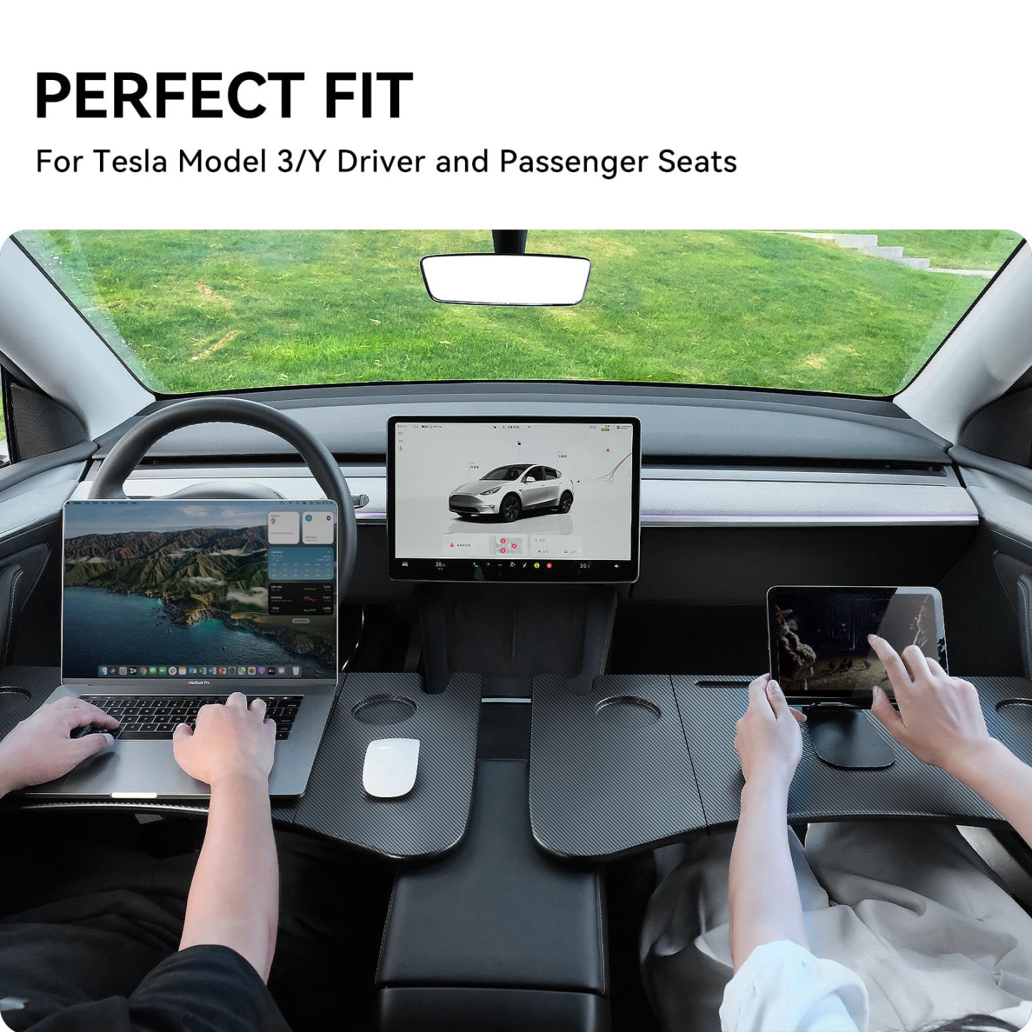 Foldable In-Car Laptop & Dining Table with Carbon Fiber Texture for Tesla Model 3 / Model Y (2021–2025+) 