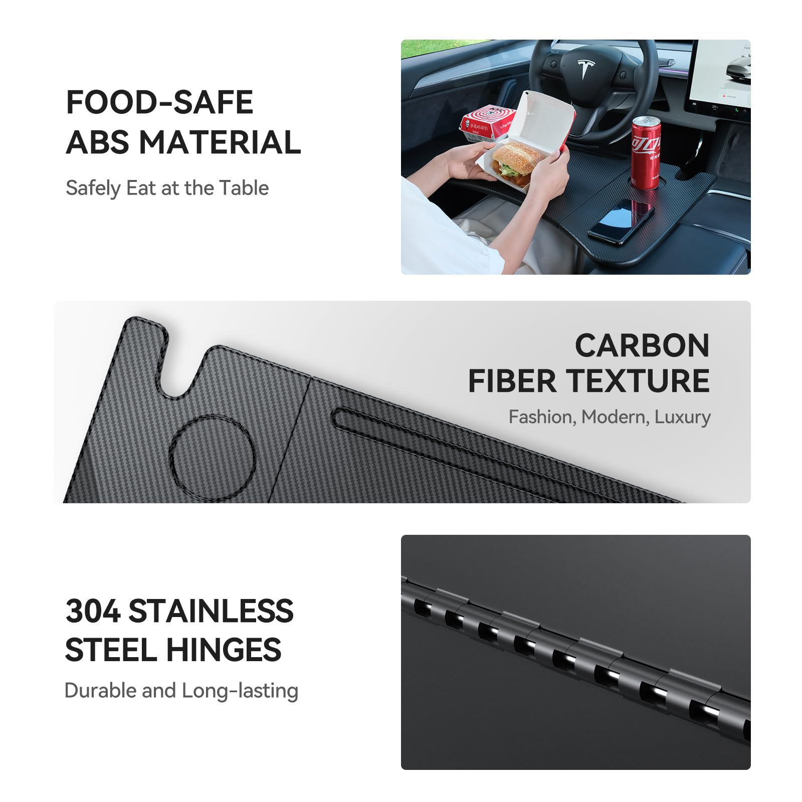 Foldable In-Car Laptop & Dining Table with Carbon Fiber Texture for Tesla Model 3 / Model Y (2021–2025+) 