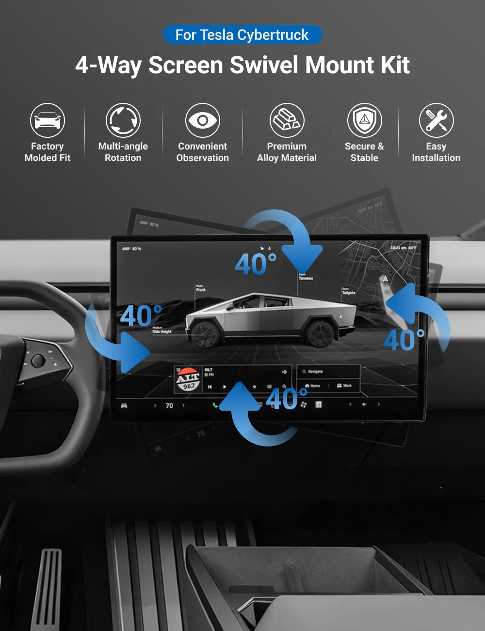 Rotatable Center Console Screen Mount for Tesla Cybertruck