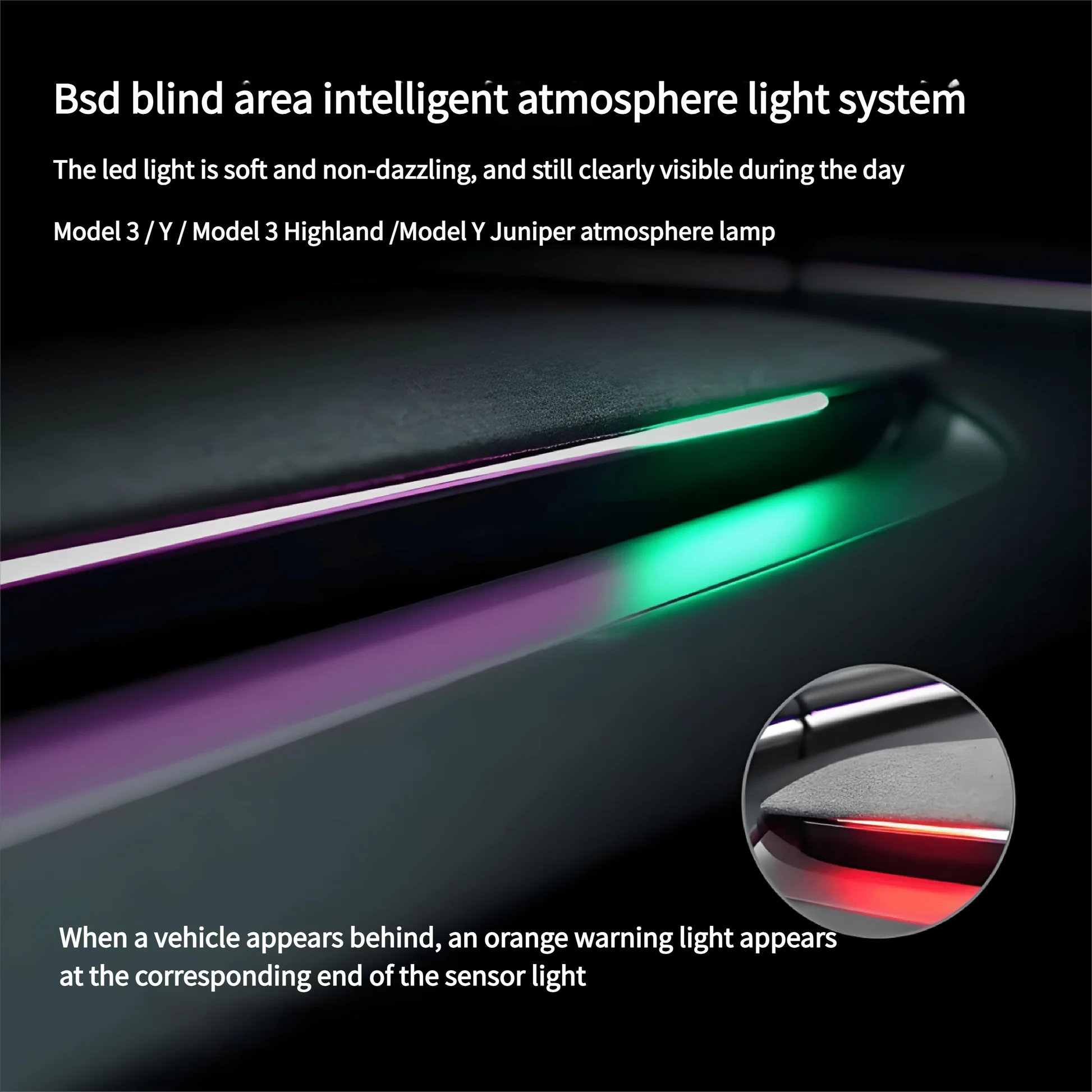 Smart BSD Blind Spot Monitor RGB Ambient Alert Lights for Tesla Model 3/Y
