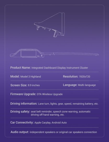 Tesla 8.9 Inch Dashboard Display with Ambient Lighting for Model 3 Highland-TESGOD