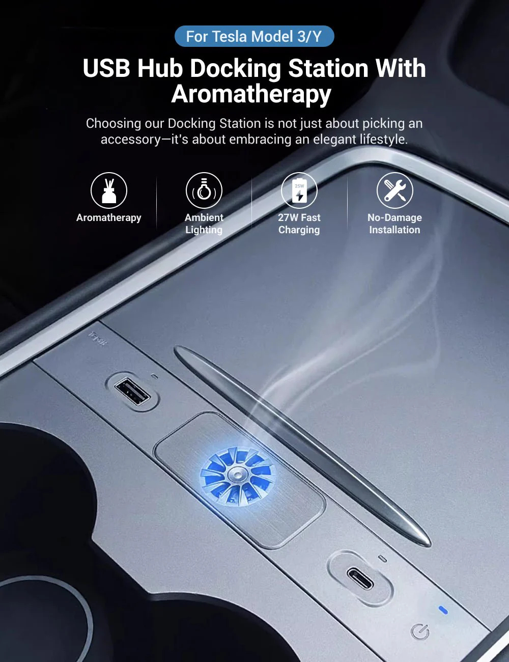 USB Hub Docking Station with Aromatherapy for Tesla Model 3/Y (2021-2023.10 / 2020-ON) – Fast Charging & Integrated Scent Diffuser-TESGOD
