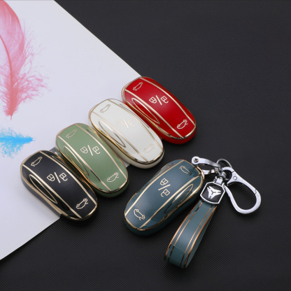 TPU Key Fob Cover for Tesla Model 3/Y/X/S – Full Protection, Fashionable Gold-Rimmed Design-TESGOD