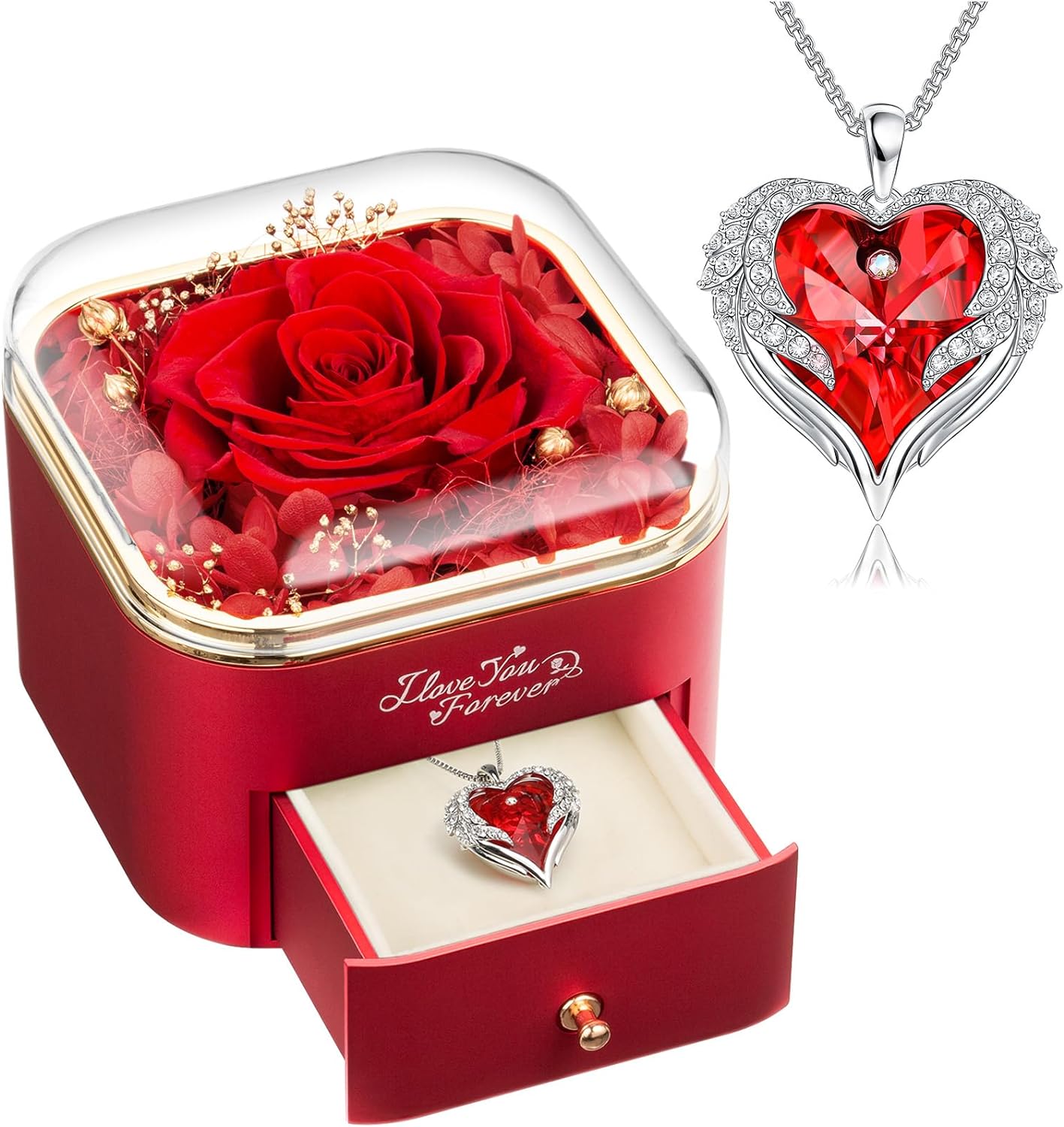 RareGift™ Preserved Real Red Rose with Red Necklace -Forever Flowers
