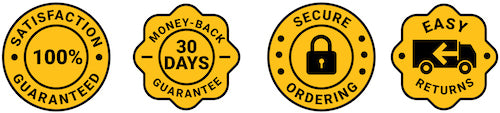Badges for 100% satisfaction guarantee, easy returns, 30 day money back guarantee and secure ordering