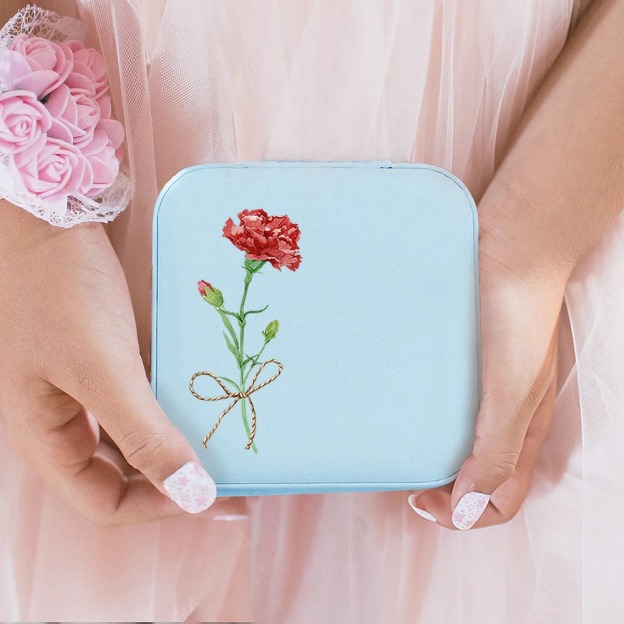 Personalized Leather Name Travel Jewelry Box with Watercolor Birth Flowers Bouquet Portable Jewelry Case for Women Girls