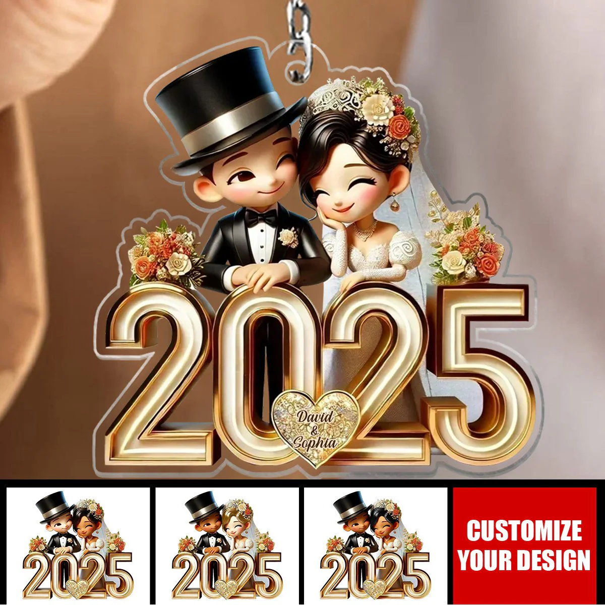 Happy Newlywed Cartoon Couple Personalized Keychain