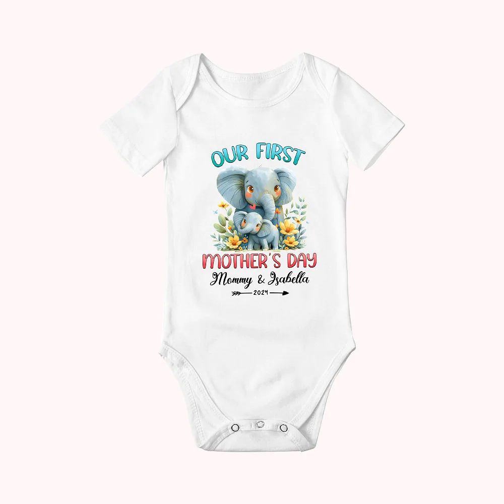 Personalized Cute Elephant Our First Mother's Day Cotton T-shirt with Text First Mother's Day Birthday Gift for New Mommy