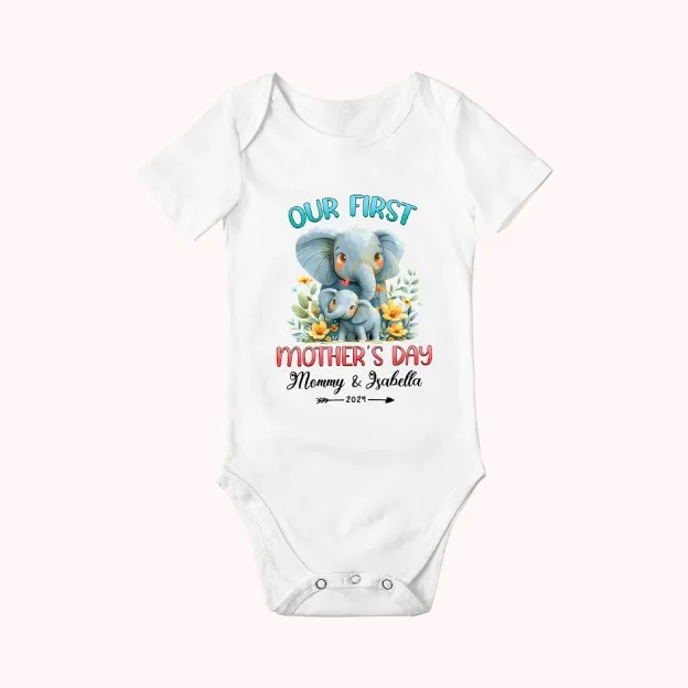 Personalized Cute Elephant Our First Mother's Day Cotton T-shirt with Text First Mother's Day Birthday Gift for New Mommy