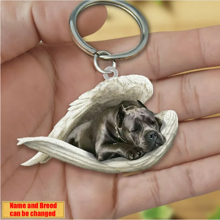 Personalized Stainless Dog Sleeping Angel Keychain - Double Sides Printed