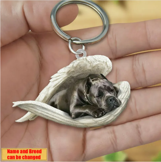 Personalized Stainless Dog Sleeping Angel Keychain - Double Sides Printed