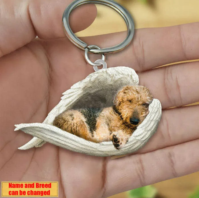 Personalized Stainless Dog Sleeping Angel Keychain - Double Sides Printed
