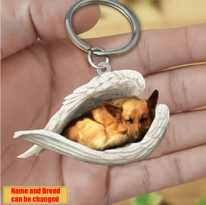 Personalized Stainless Dog Sleeping Angel Keychain - Double Sides Prin