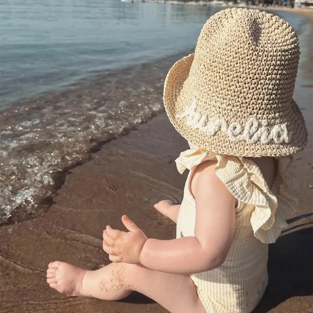 Personalised Hand Embroidered Straw Soft Brim Sun Hat