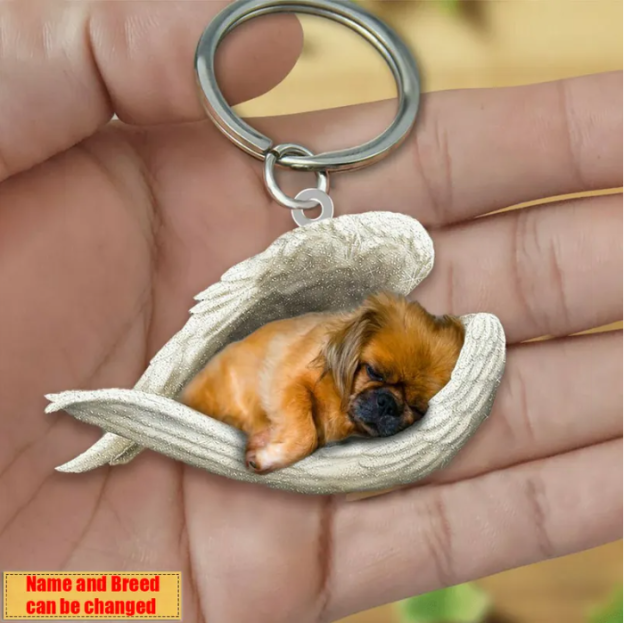 Personalized Stainless Dog Sleeping Angel Keychain - Double Sides Printed