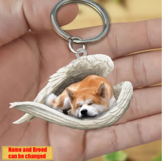 Personalized Stainless Dog Sleeping Angel Keychain - Double Sides Printed