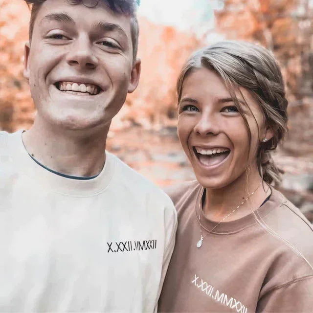 valentines day gift Custom Embroidered Roman Numeral Date Couple's Crewneck/Hoodie