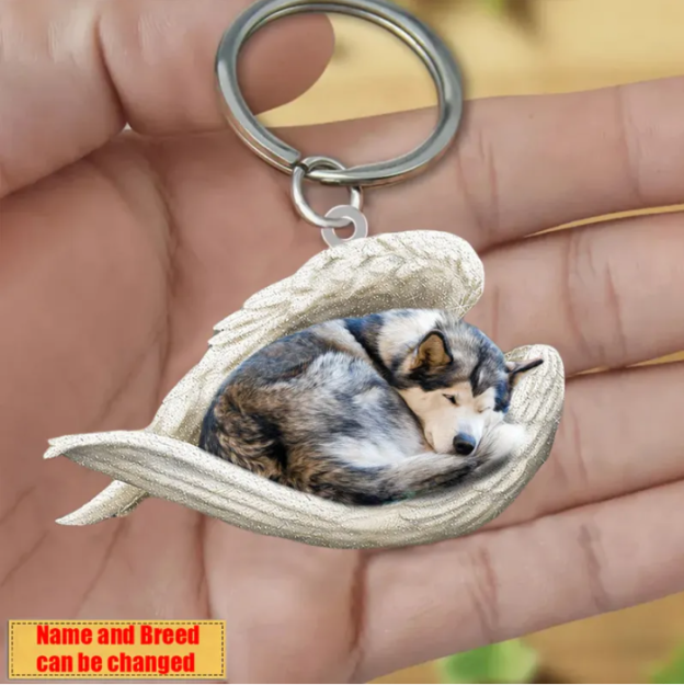 Personalized Stainless Dog Sleeping Angel Keychain - Double Sides Printed