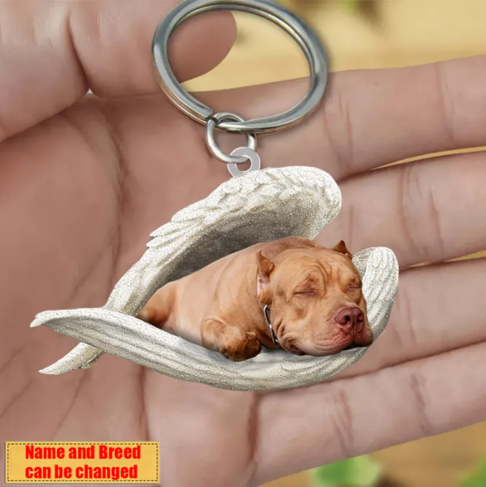 Personalized Stainless Dog Sleeping Angel Keychain - Double Sides Prin