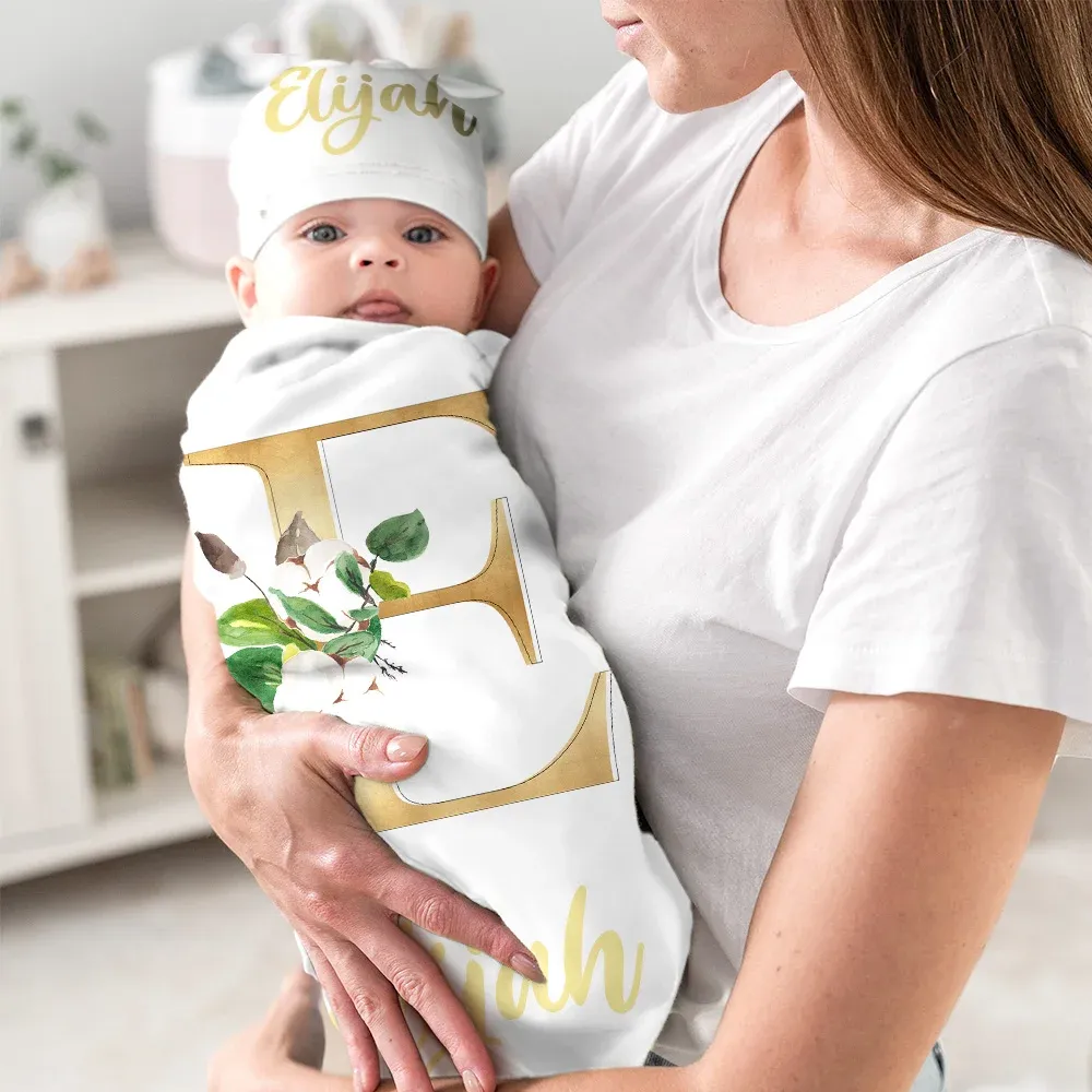 Personalized Multicolor 100% Cotton Flower Initials Swaddle and Bonnet Set Newborn Baby Christening Birthday Gift