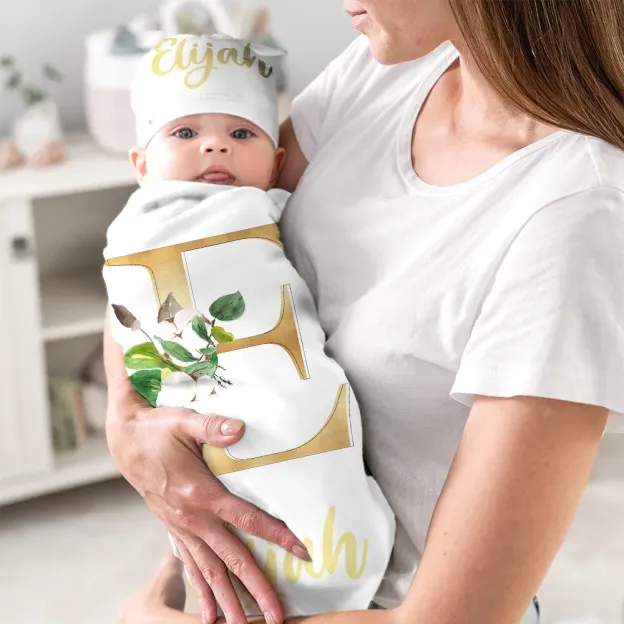 Personalized Multicolor 100% Cotton Flower Initials Swaddle and Bonnet Set Newborn Baby Christening Birthday Gift