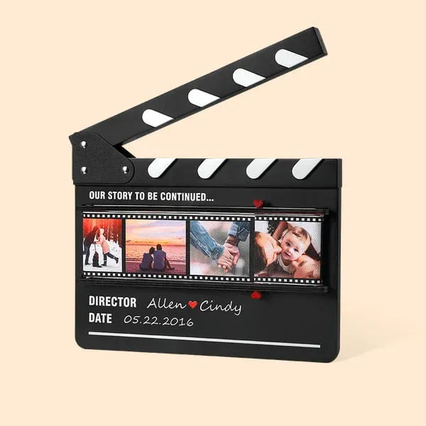 Personalized Rolling Photos Wooden Ornament with Film Clapperboard Design Anniversary Valentine's Day Romantic Gift for Couple