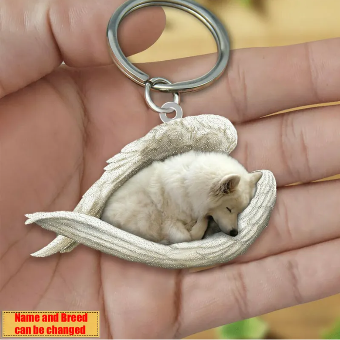 Personalized Stainless Dog Sleeping Angel Keychain - Double Sides Printed