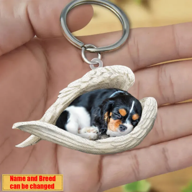 Personalized Stainless Dog Sleeping Angel Keychain - Double Sides Printed
