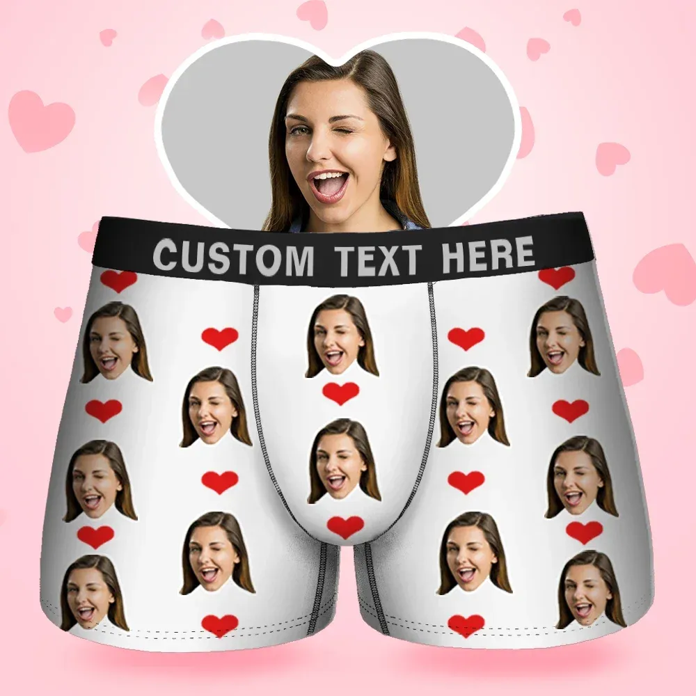 Custom Face Men's Boxer Sweet Heart Love Style Underwear, Birthday Gifts for Husband, Waistband Text Boxer Gift