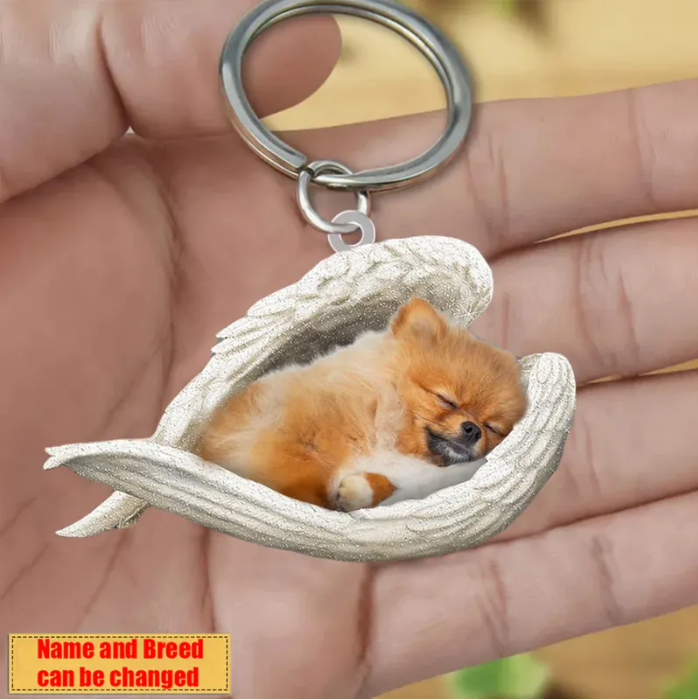 Personalized Stainless Dog Sleeping Angel Keychain - Double Sides Prin