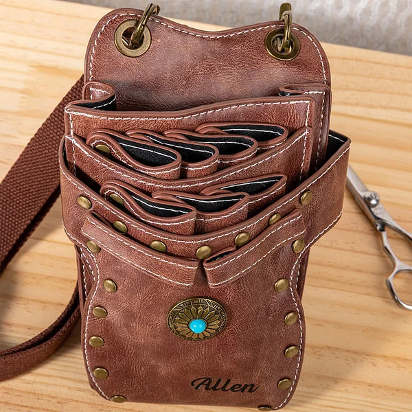 Personalized Multi-Compartment Leather Hairdressing Scissors Waist Bag with Name and Belt Gift for Hairstylist Barber