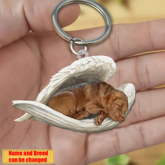 Personalized Stainless Dog Sleeping Angel Keychain - Double Sides Printed
