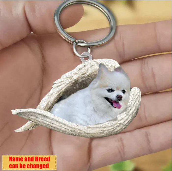 Personalized Stainless Dog Sleeping Angel Keychain - Double Sides Prin