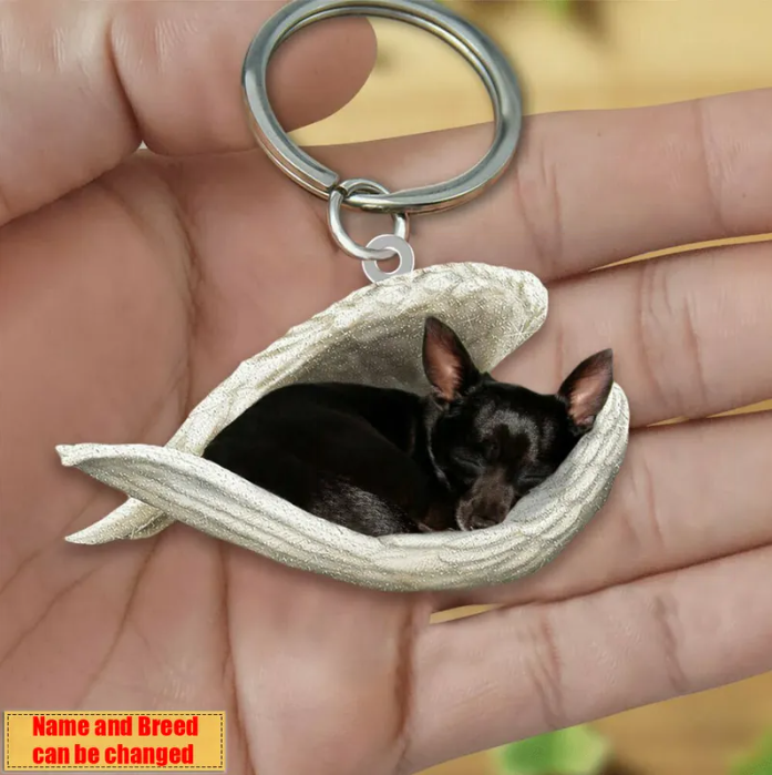 Personalized Stainless Dog Sleeping Angel Keychain - Double Sides Prin